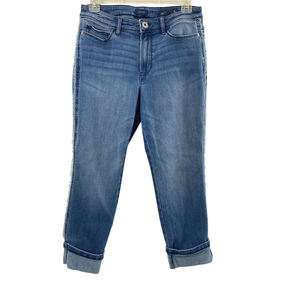 J.Jill Denim High Rise Cropped Jeans Womens 6P Blue Fringe Side Stripe Pockets